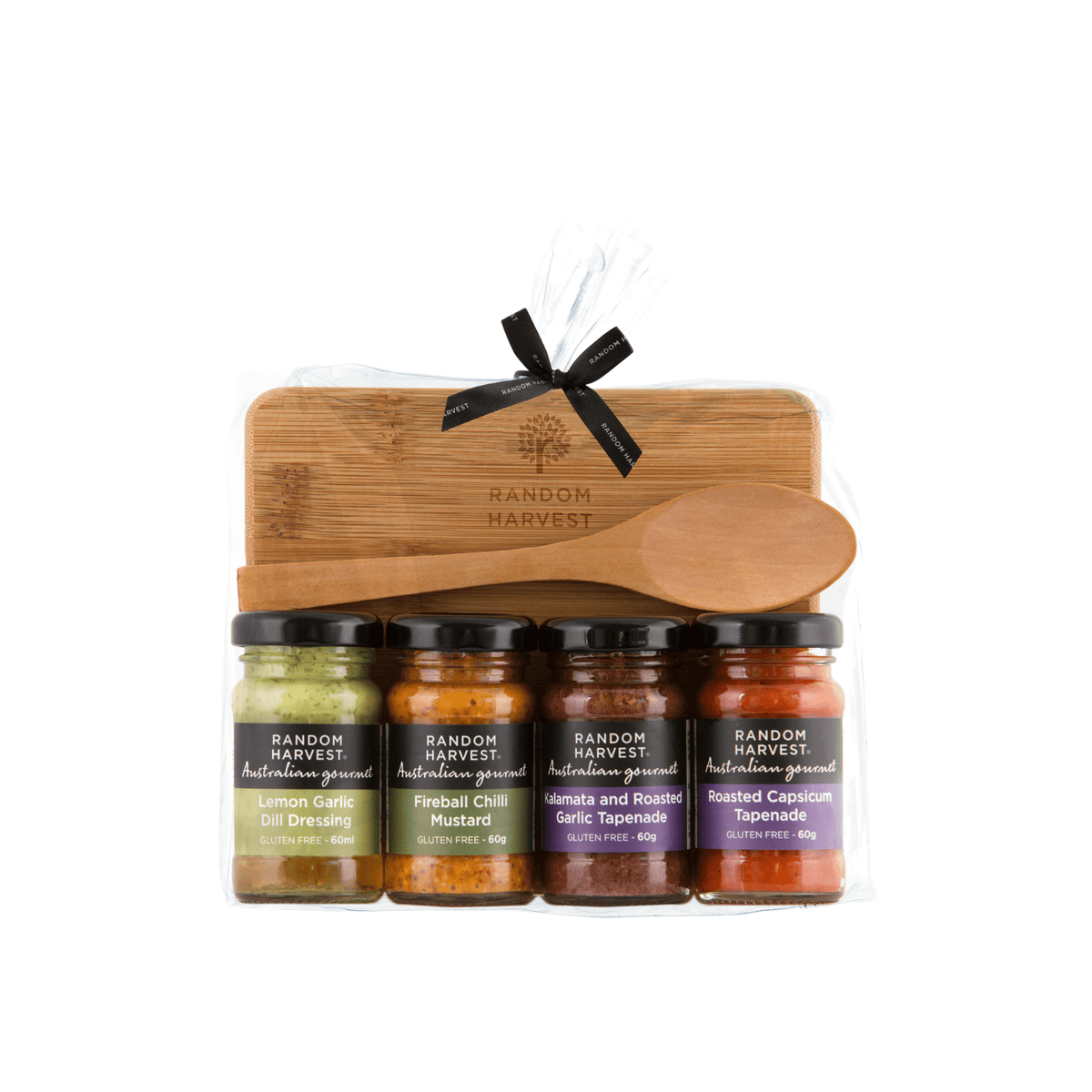 Random Harvest Entertaining Cheese Board Gift Set with four condiments, wooden board and spoon