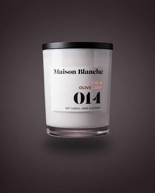014 Fig & Olive Leaf candle by Maison Blanche, the 15 hour petite candle included in The Fuss.
